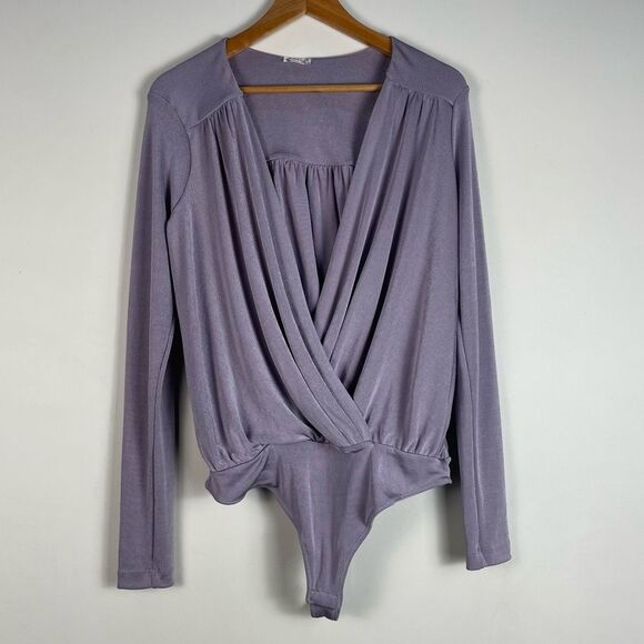 Intimately‎ Free People Turnt Bodysuit Long Sleeves Wrap Top Silver Mauve L NEW - Picture 2 of 14